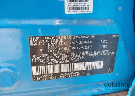 2019 Toyota Rav4 Xle/Xle Premium from USA, damaged, VIN 2T3W1RFV4KW006266